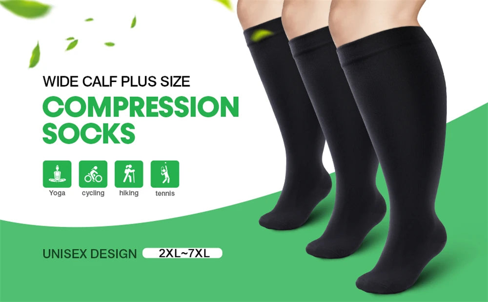 1 Pair 2XL-7XL Large Size Compression Socks for Women and Men 20-30 MmHg Wide Calf Knee Stockings for Sports Running Yoga