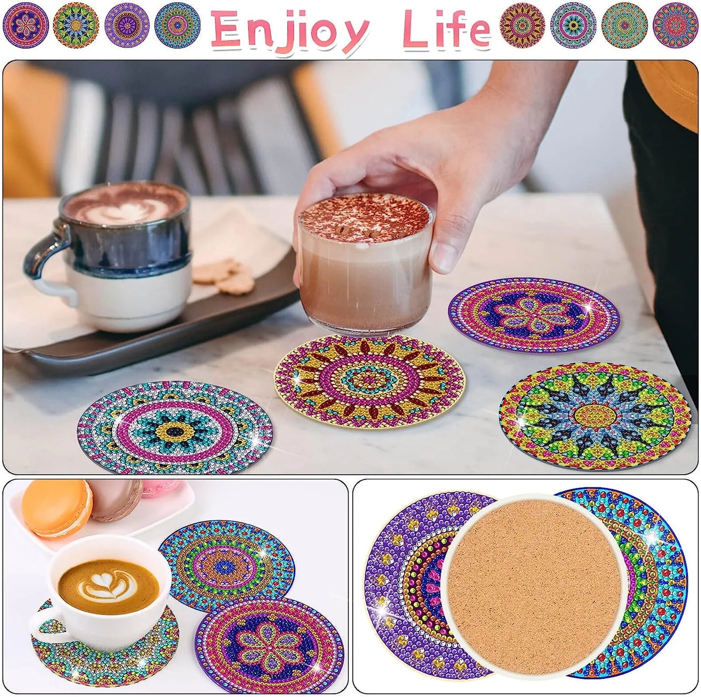 8-piece Set of DIY Diamond Painted Coasters with Mandala Pattern and Complimentary Cup Holder