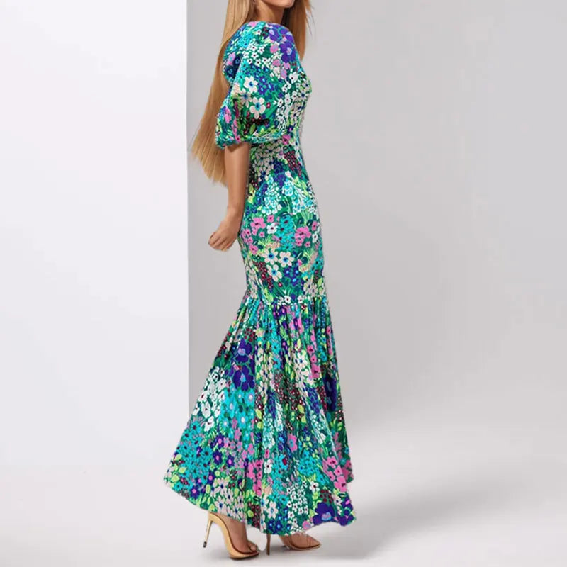 Elegant Blue Flower Print Lantern Sleeve Ankle Summer Fishtail Dress