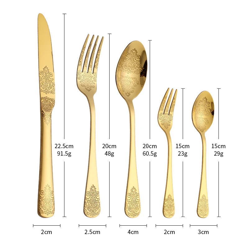 5Pcs Cutlery Set Stainless Steel Tableware Carving Golden Dinnerware