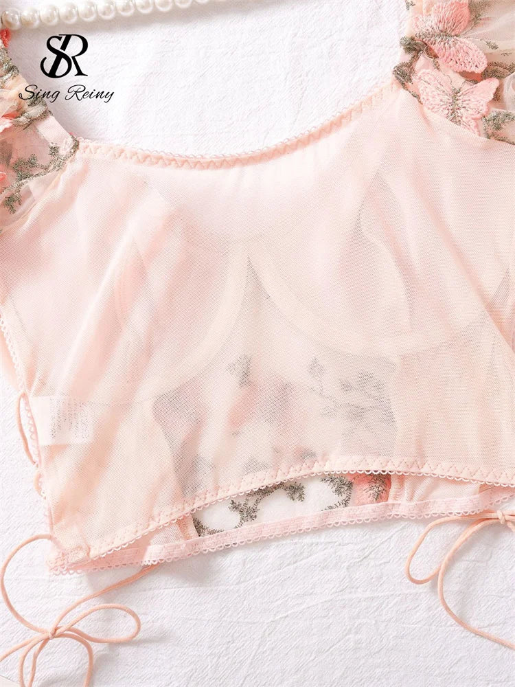 Women Sexy Sheer Lace-Up Puff Sleeves Floral Embroidery Two Piece Set