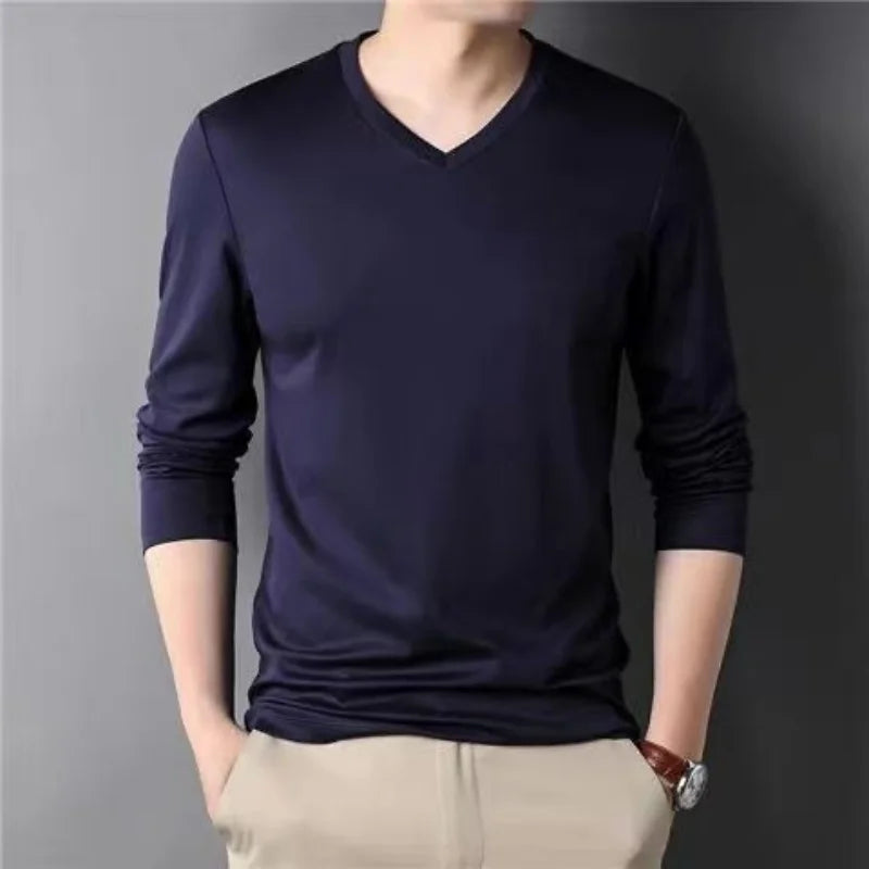Men Thin Solid Cotton T-shirt Long Sleeve V-Neck Thin