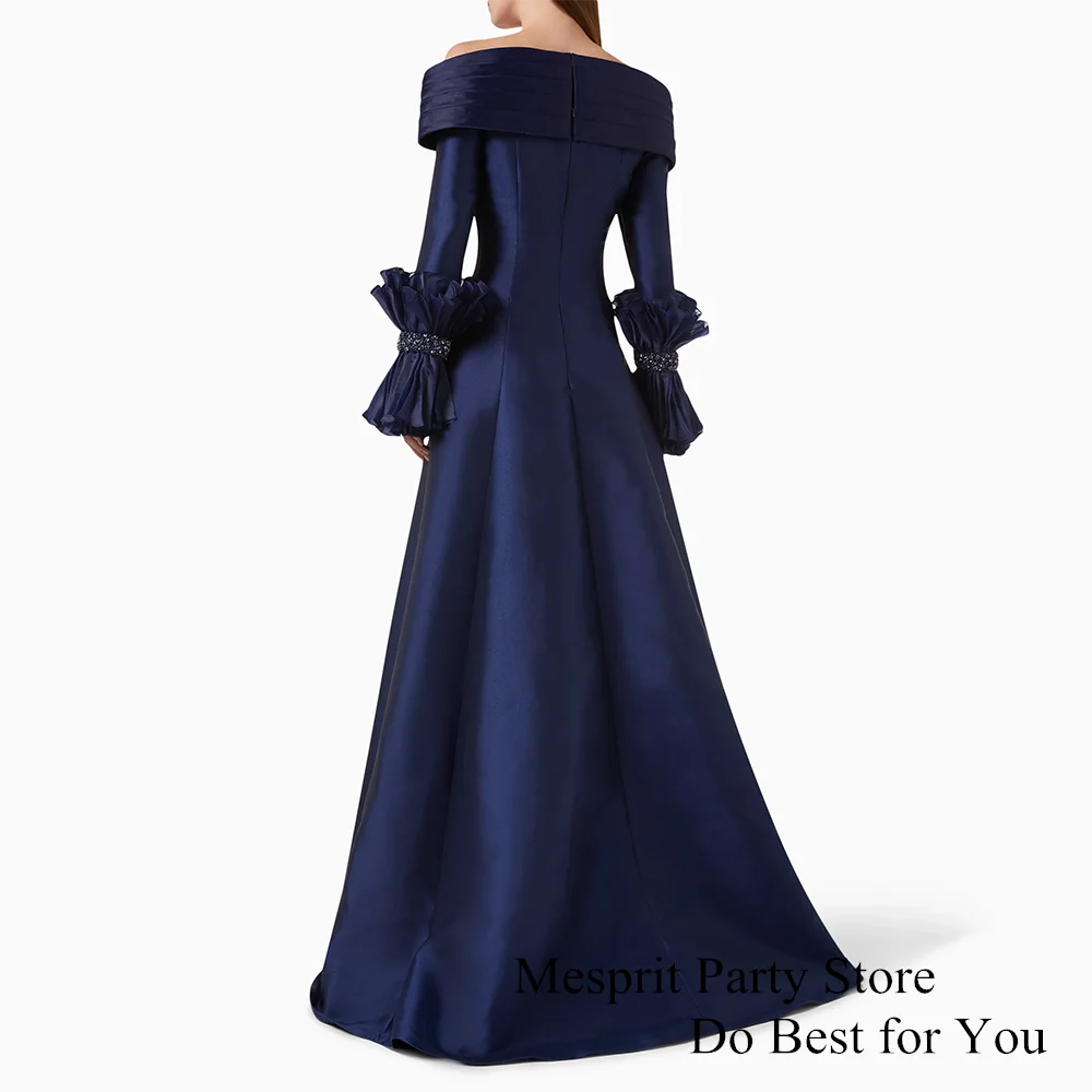 Navy Blue Satin Evening Dress Off Shoulder V Neck Pleat Beading Long Sleeve A Line
