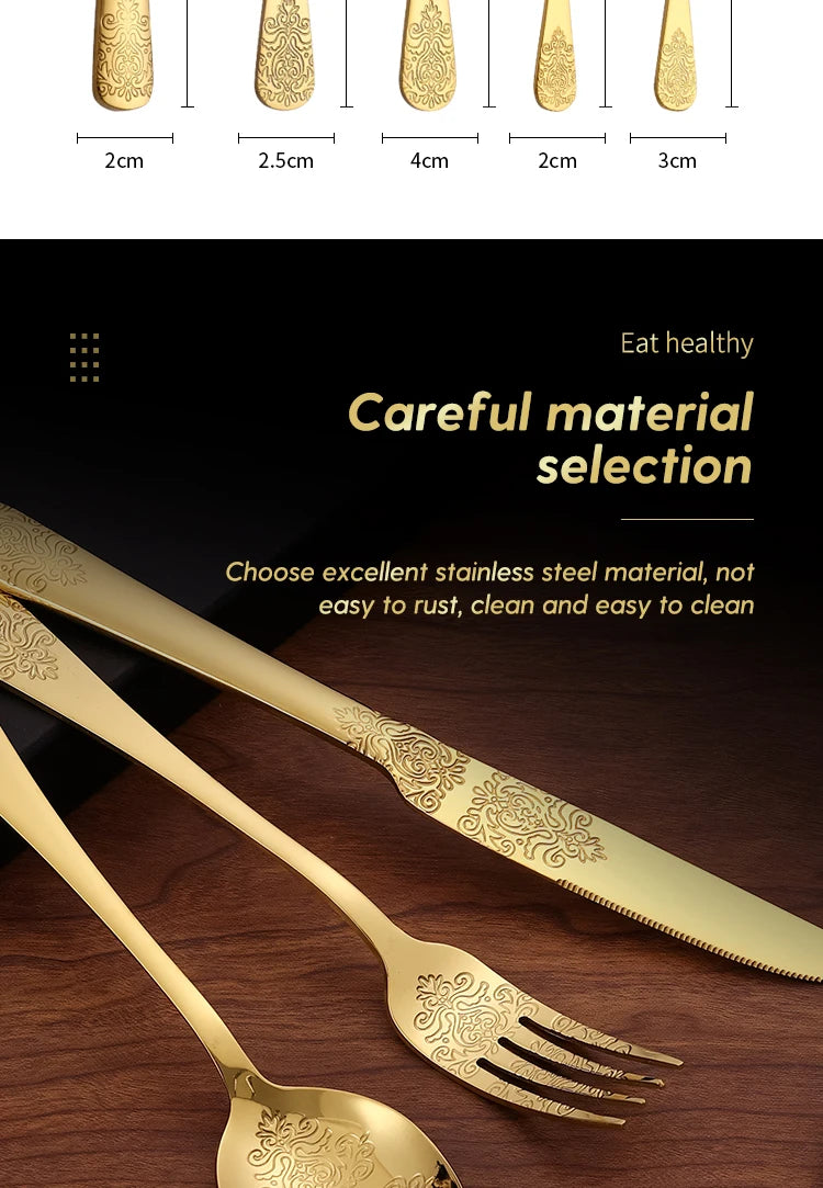 5Pcs Cutlery Set Stainless Steel Tableware Carving Golden Dinnerware