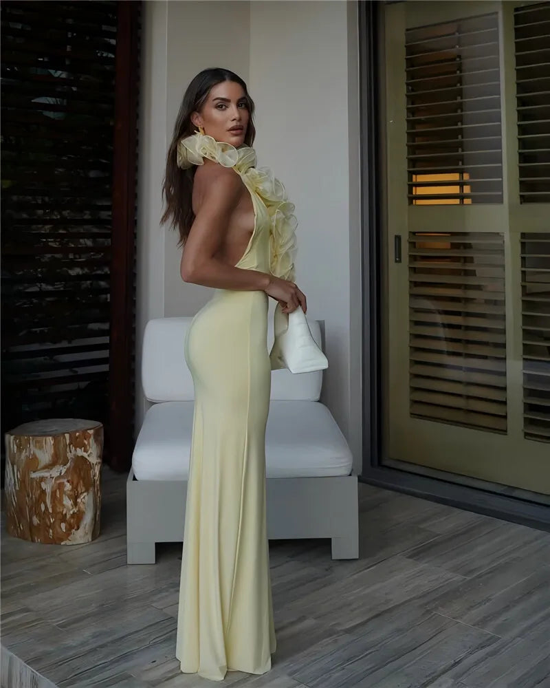 Mesh Rose Deep V Neck Sexy Maxi Dress For Women