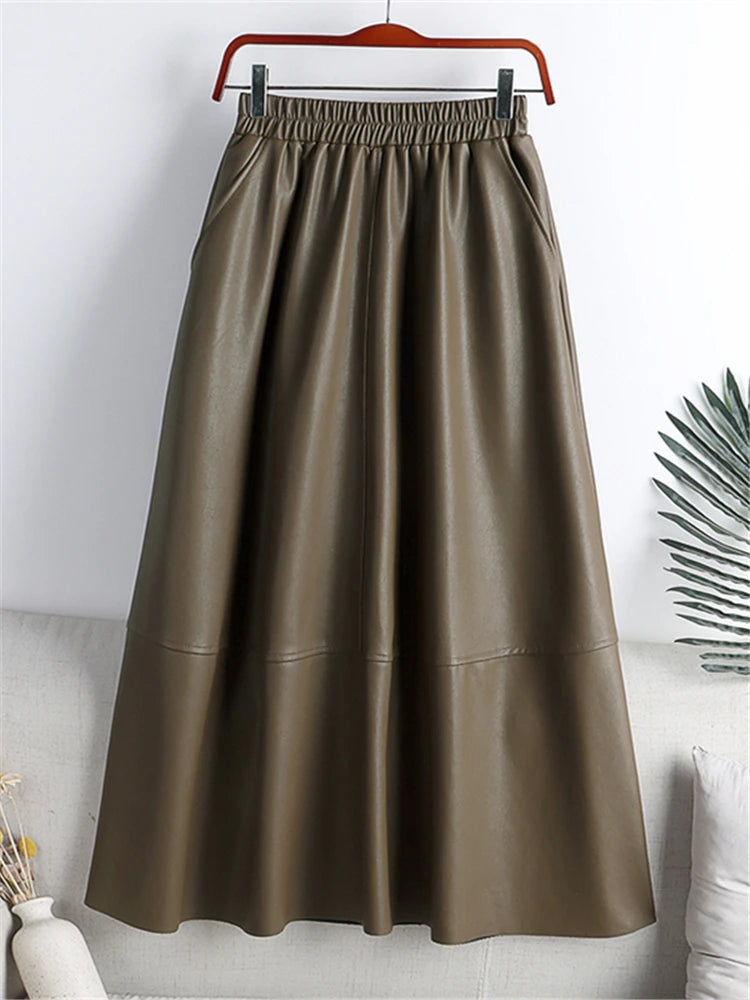 Elegant Faux PU-Leather Midi Skirts High Waist