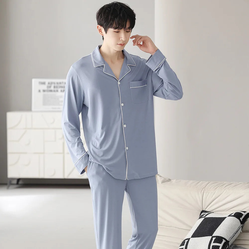 Autumn Men's Pajamas Sets Long Sleeve Modal Cotton Thin Teenage Boys' Large Size Spring Outwear Home Cloth Suit Sleepwear Male