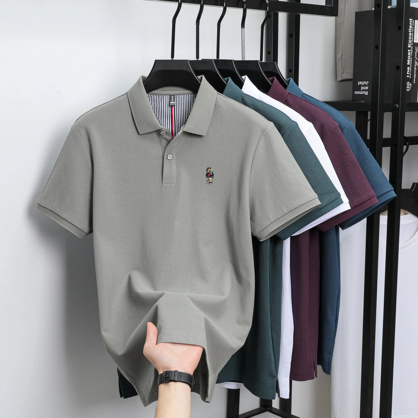 100% cotton high-end brand men short sleeve polo shirt cartoon bear embroidery comfort texture skin friendly breathable T-shirt