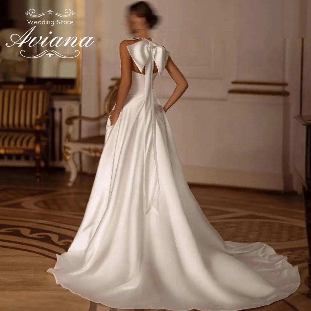 Customized Temperament Elegant Pearls Sleeveless Wedding Dress High Slit Back Bow A-Line Simple Bridal Gown