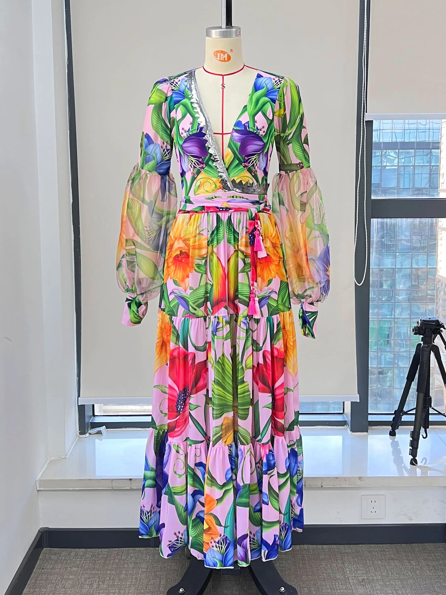Swimwear 2PC Cover-up Swimsuit Ruffle Printed Deep V One-piece Kimono Bikini Suit