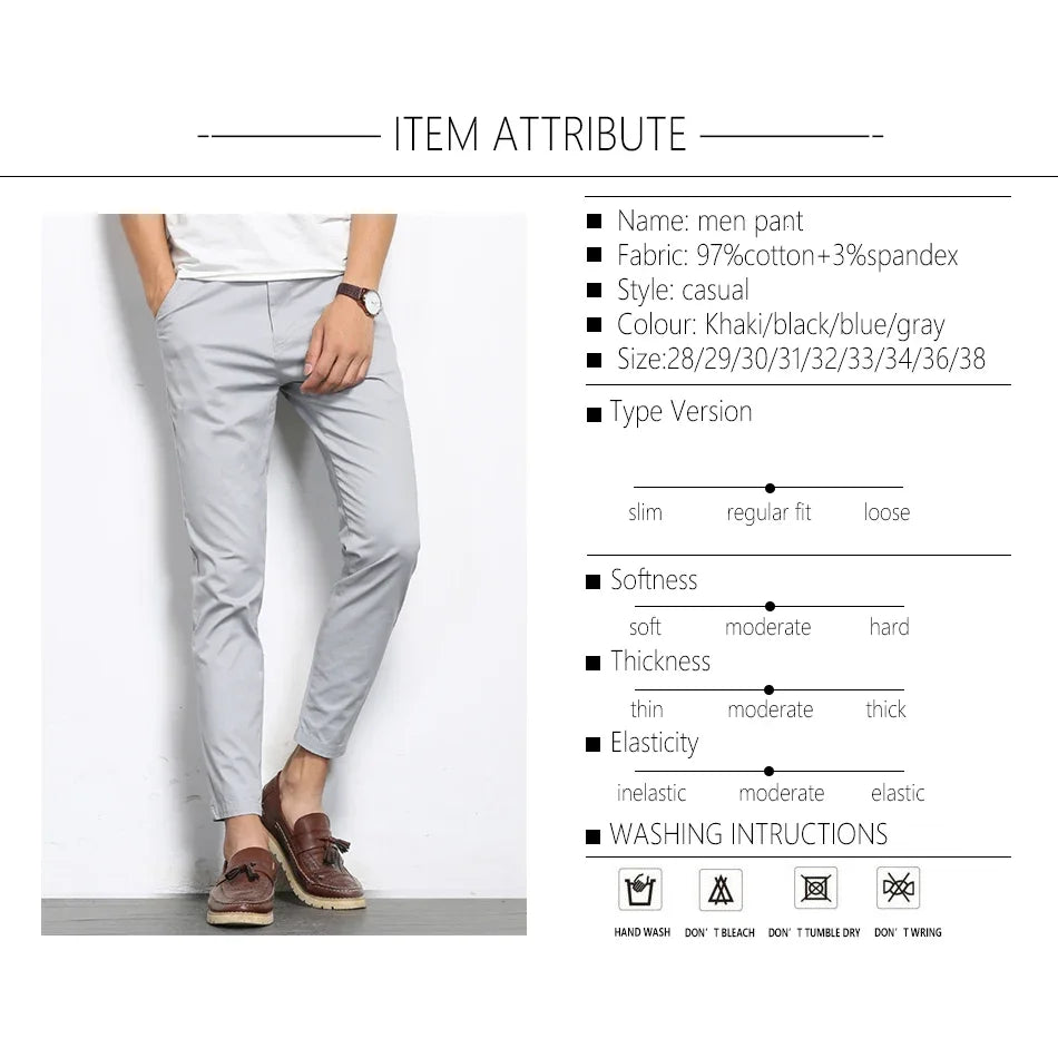 Summer Men's Fashions Solid Color Casual Pants Straight Elastic Ankle-Length