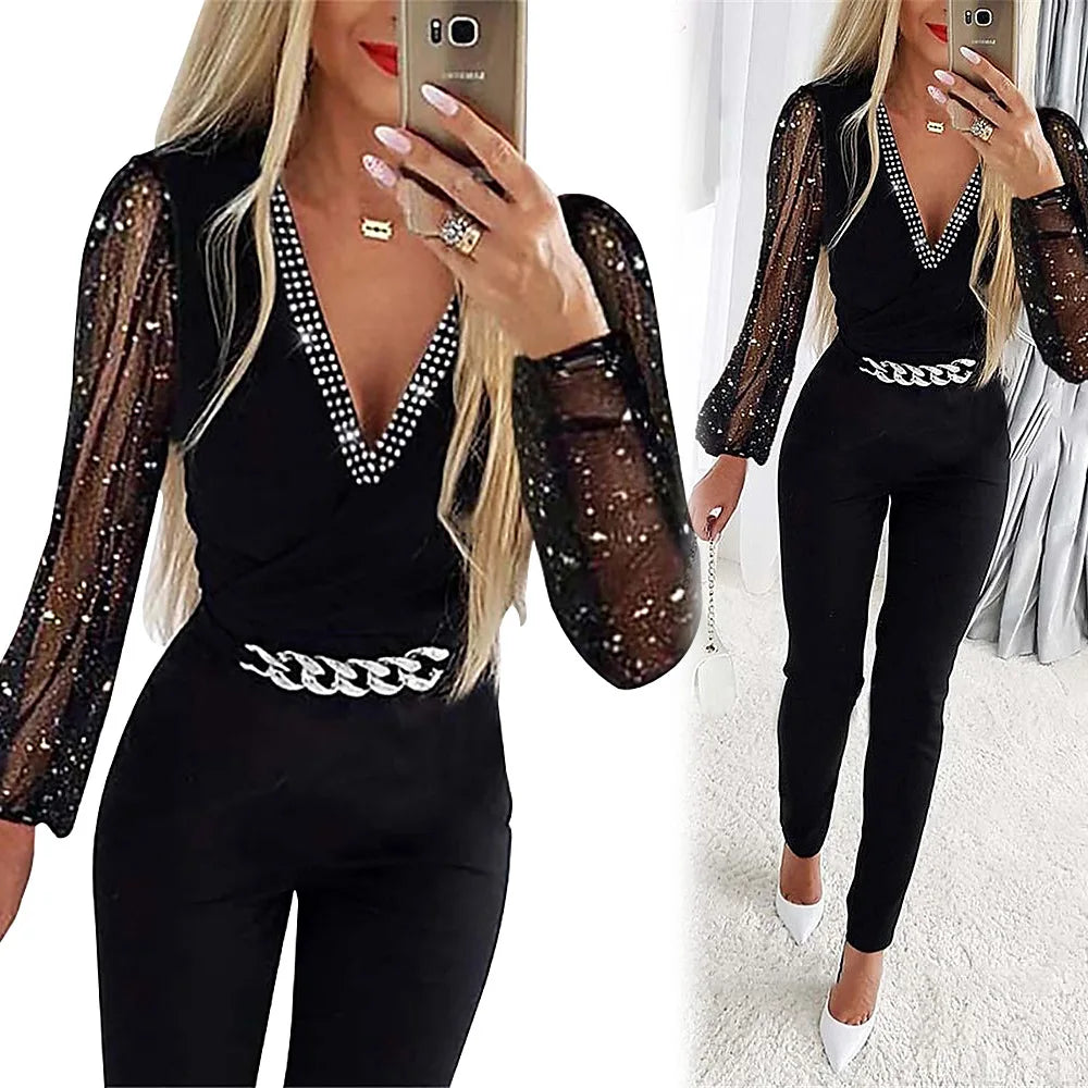 One Piece Slim Fit Jumpsuit with V Neck Full Sleeve