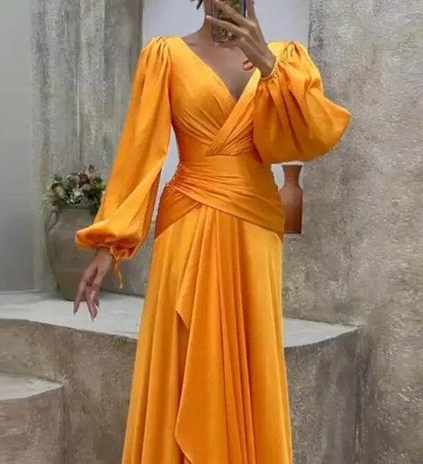 Elegant Women Long Sleeve Dress Solid Loose Fitting