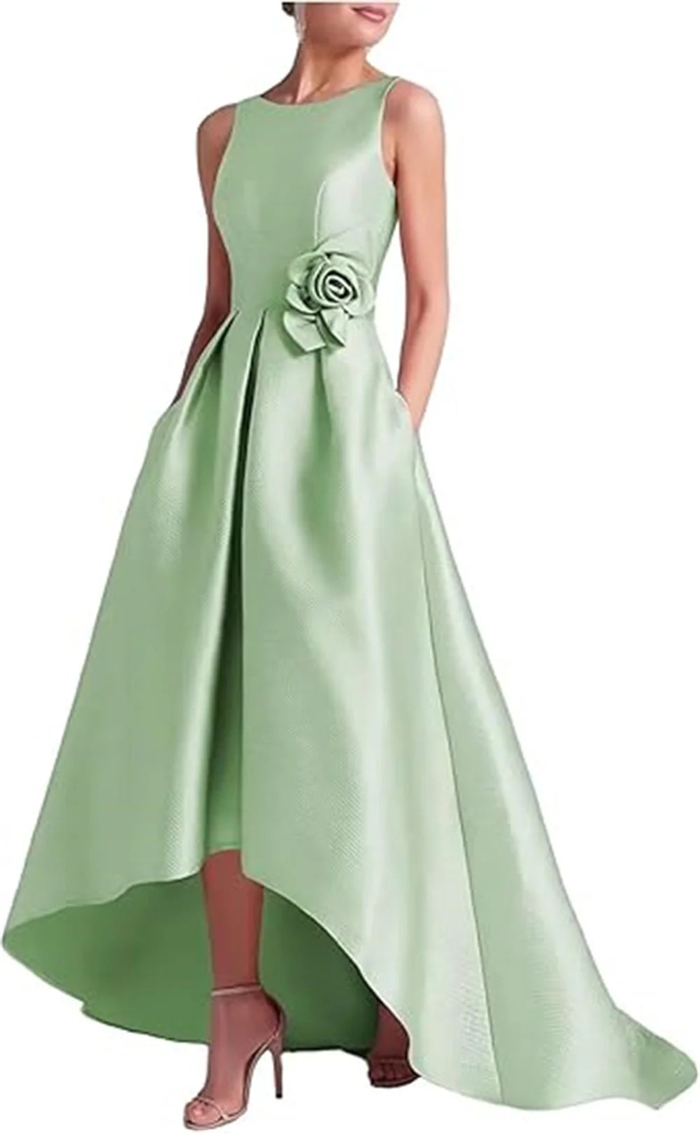Customized High Low Satin Dresses Wedding Guest Mother of the Bride With Pocket Sleeveless Party Evening Gown