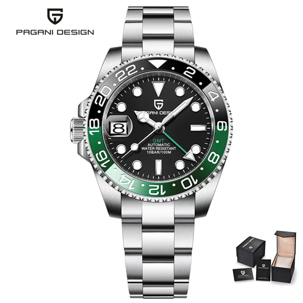 Luxury GMT Men's Mechanical Wristwatch Sapphire Glass Stainless Steel 100M Waterproof Automatic