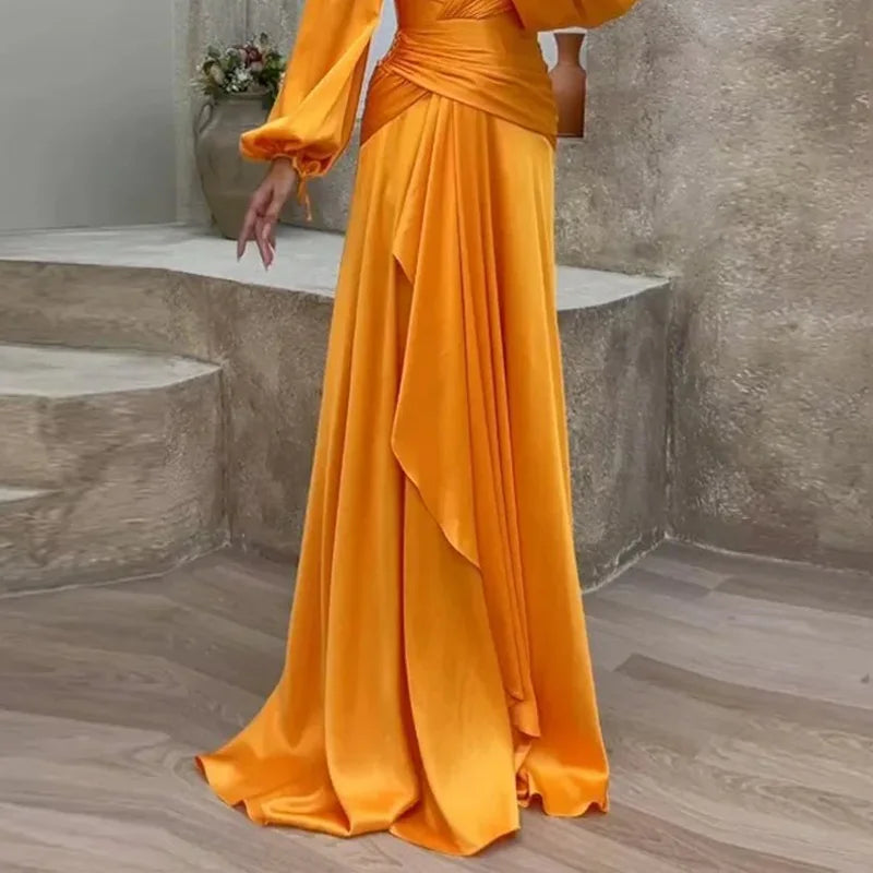 Elegant A-Line Wedding Guest Dress Long Sleeve Satin V Neck Silhouette Ruffles Brush Train Evening Dress
