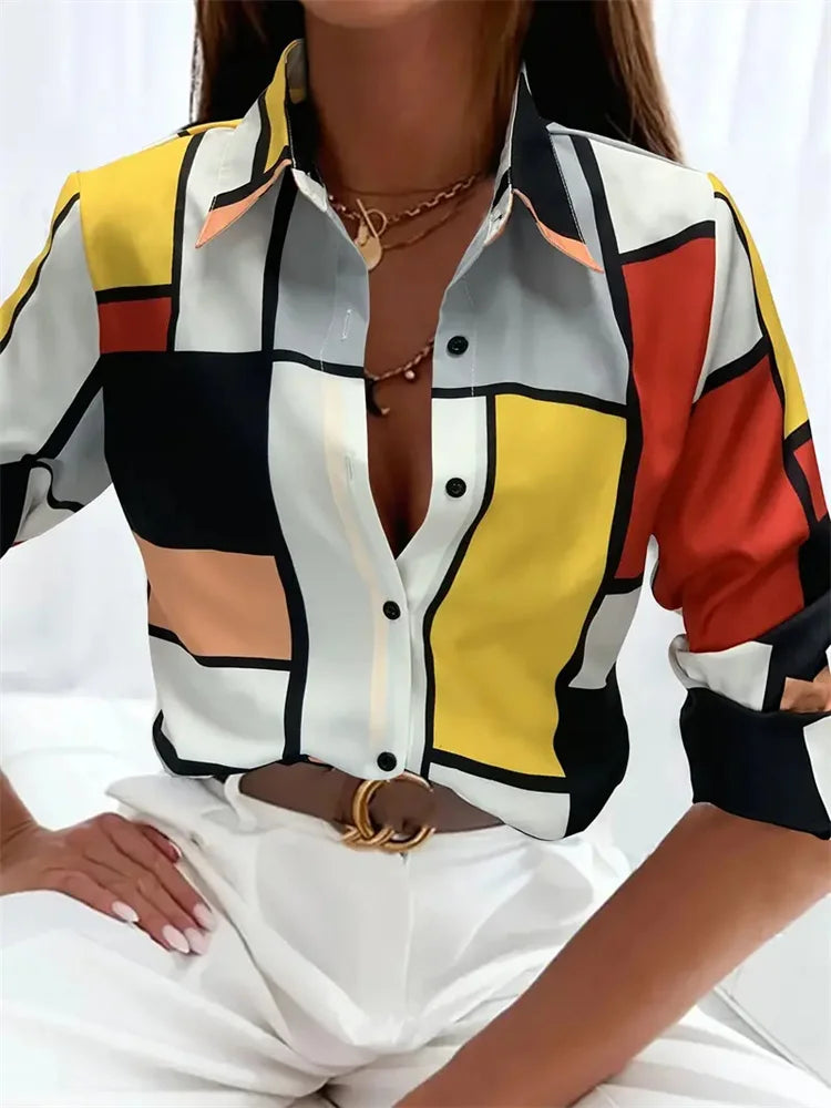 Elegant Printed Pattern Button Long Sleeve Women's Shirts