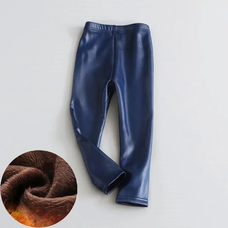 Girls Warm Trousers Faux PU Leather Legging Slim Pants