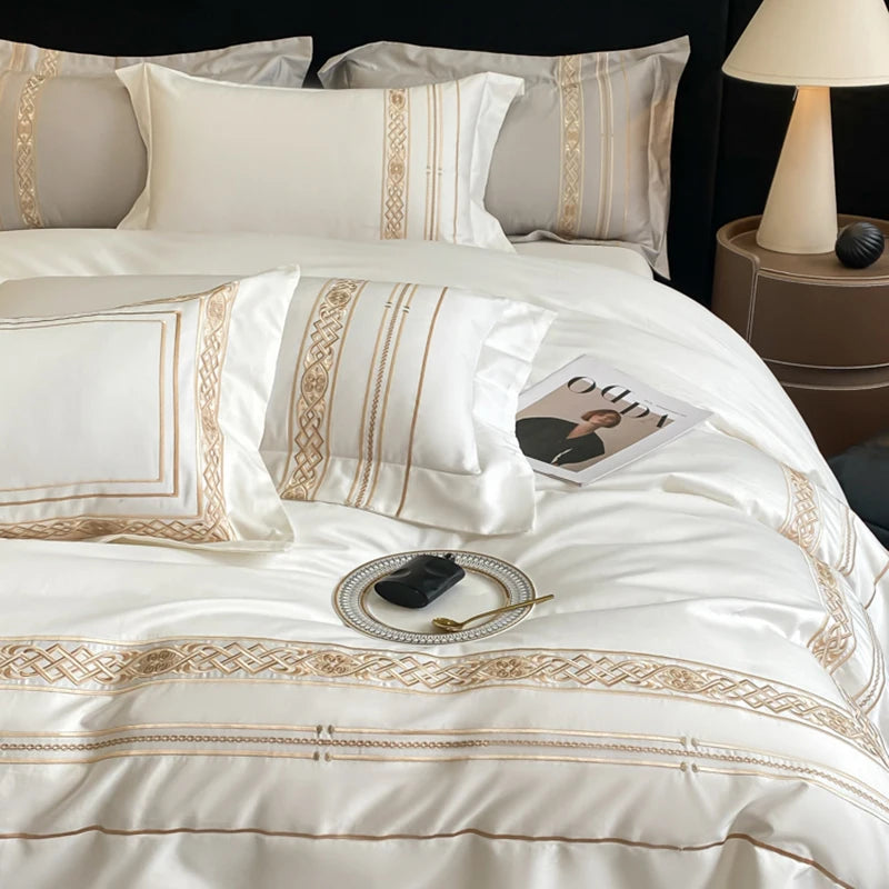 100% Egyptian Cotton Luxury Duvet Cover Set Gold Embroidery Hotel Style