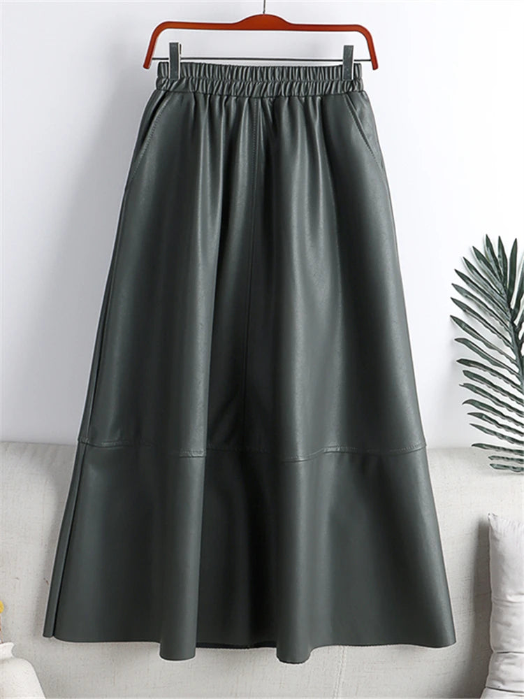 Elegant Faux PU-Leather Midi Skirts High Waist