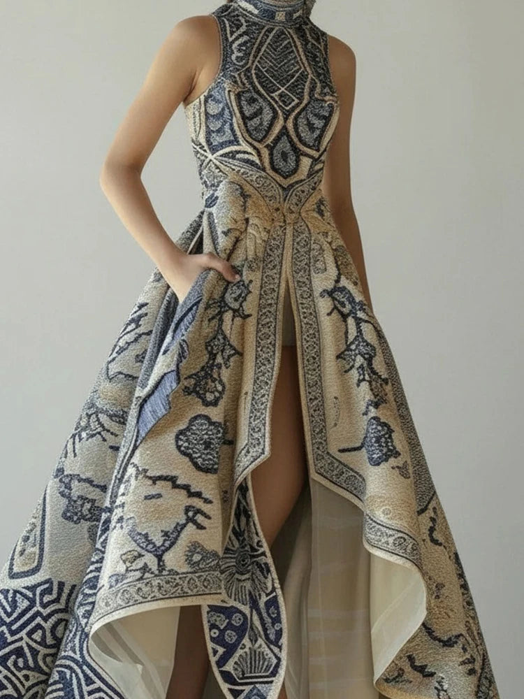 Elegant Evening Formal Women Dress Low High Hem Pockets Floral Printed Sleeveless Long Dress