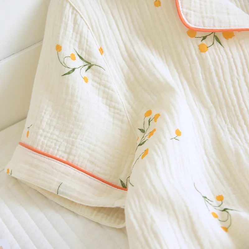 Summer women's cotton crepe three-piece short sleeve + shorts + trousers large size simple flower pajamas