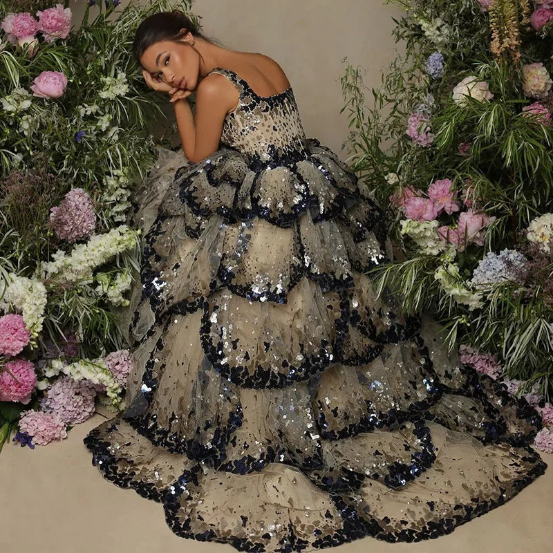 Customized Luxury Evening Sparkly Sparkly Sequin Tiered Ruffles Ball Gown Evening Dress