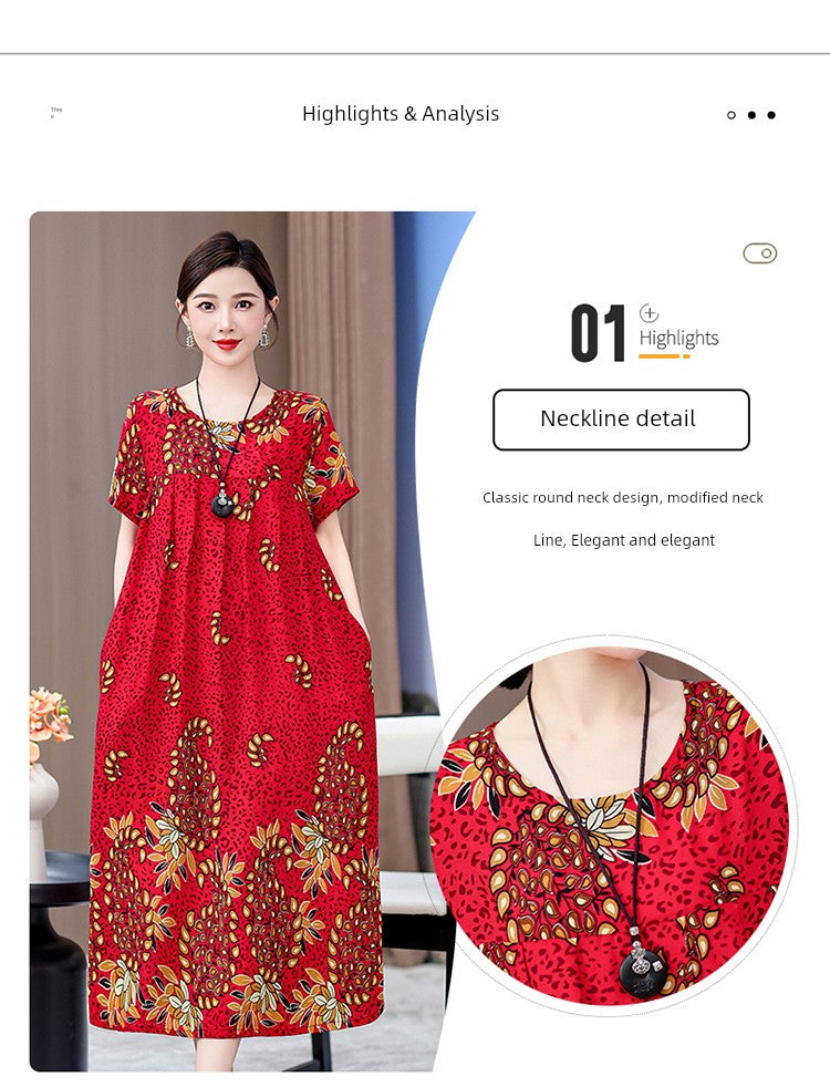 Noble over-the-Knee Middle-Aged Ladieswear Large Swing Noil Poplin Dress