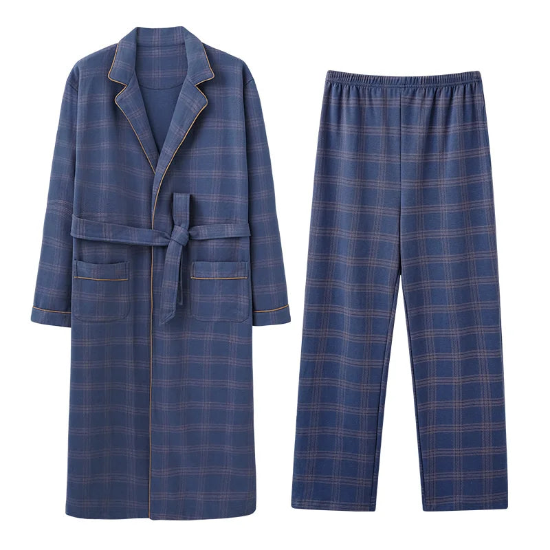 Men’s Cotton Robe Long Sleeve Kimono Bathrobe With Long Pants 2pcs Robes Set Sleepwear Spring Autumn V-Neck Plaid Pajama