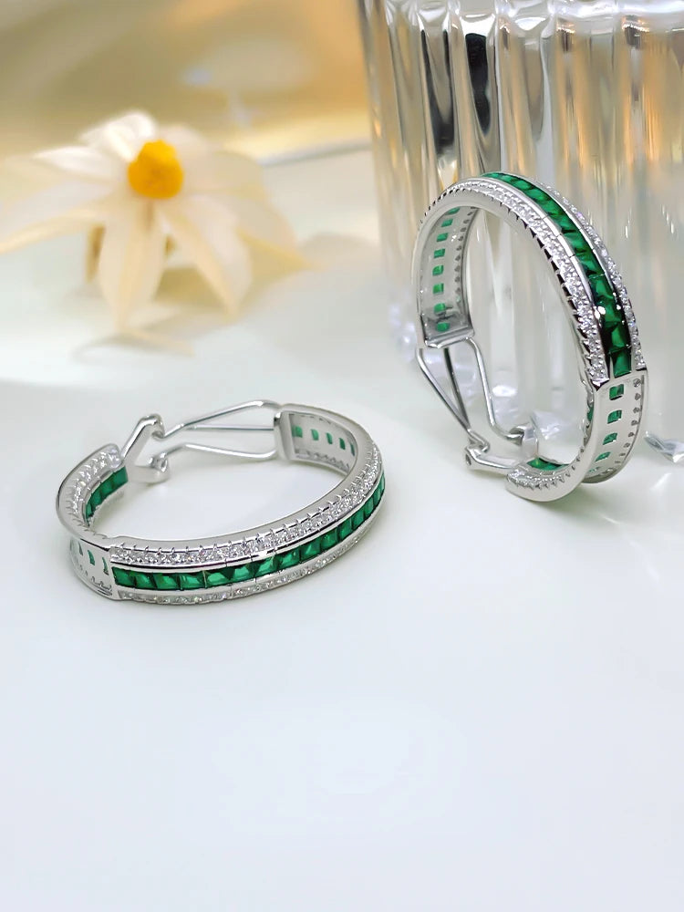 Luxurious Lab Emerald 925 sterling silver earrings inlaid with high carbon diamonds