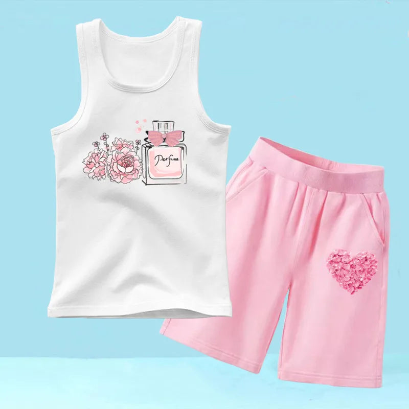 Summer Girls 2PCS Vest Set Perfume Bottle Print Sleeveless Top and Shorts