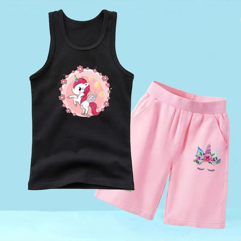 Summer Girls 2PCS Vest Set Perfume Bottle Print Sleeveless Top and Shorts