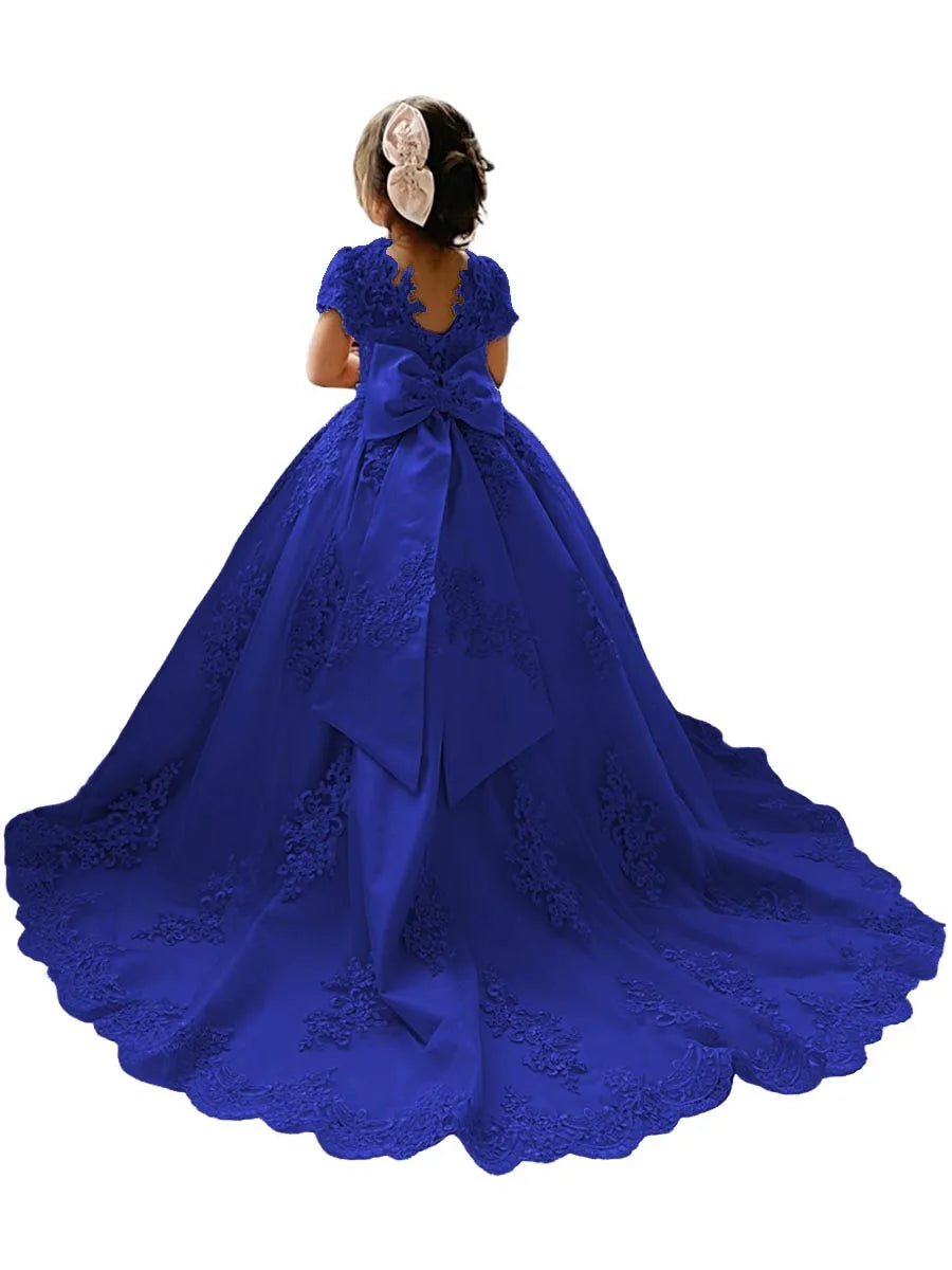 Flower Girl Princess Dresses for Wedding Pageant With Bow-knot Beaded Appliques Long Train Party Gowns