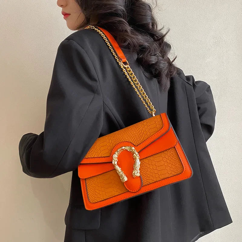 Gold Chain Crossbody Women's Fashion Bag Crocodile Pattern