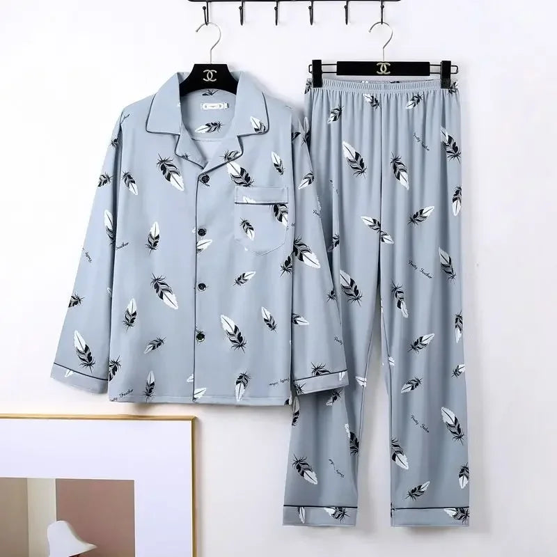 Men's Pajamas Long-Sleeved 2PCS Set Cardigan Plaid Top Trousers Nightwear