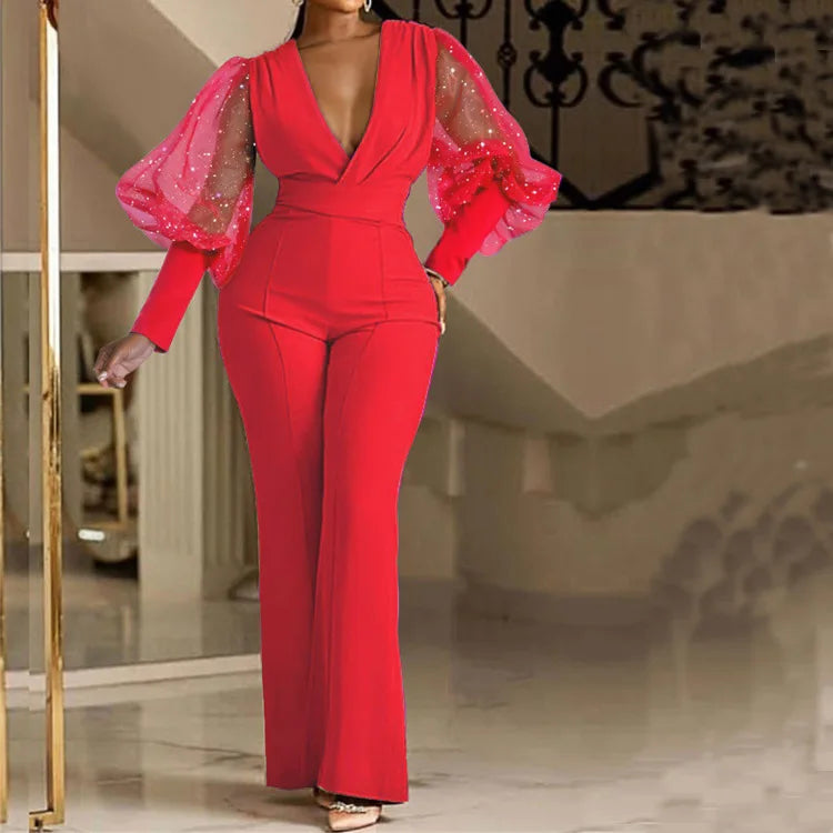 Elegant Jumpsuit Romper High Waist Overall Sequins Bodycon Long Sleeve