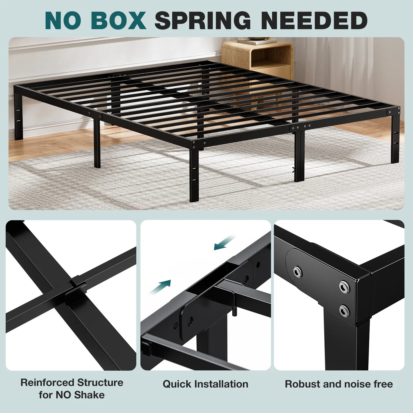 Basic Twin Full Queen King Size Bed Frame Metal Platform with Storage Space Sturdy Steel Slat Support 350LBS