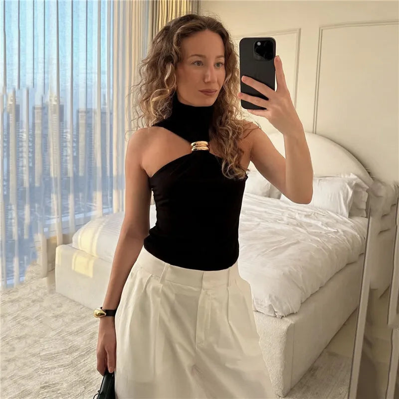 Turtleneck Basic Knit Women Tank Tops