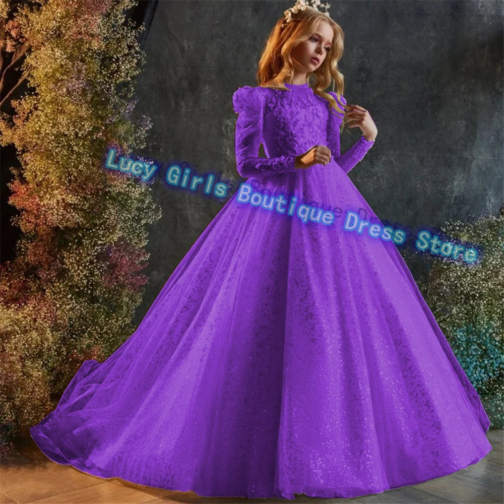 Luxury Sequins Flower Girl Dress For Wedding Party Baptism Birthday Gowns Tulle High Neck