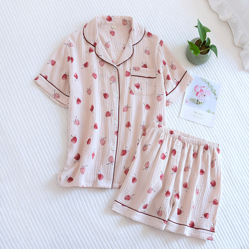 Summer pajamas short-sleeved shorts two-piece cotton crepe