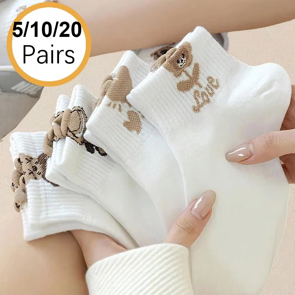 5/10/20 Pairs Women Cartoon Teddy Bear Ankle Socks