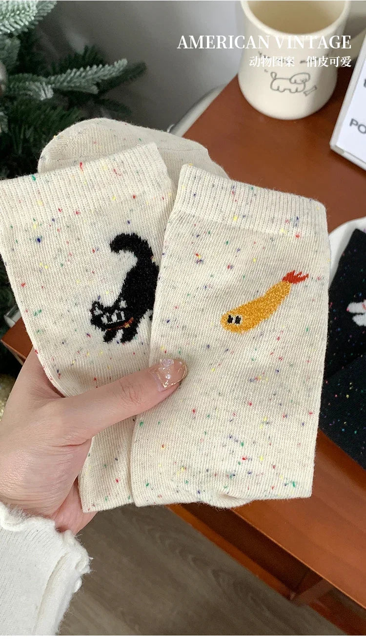 1/2pairs Cartoon Cat Fish Pattern Middle Tube Socks Soft Thermal Warm Crew Sock