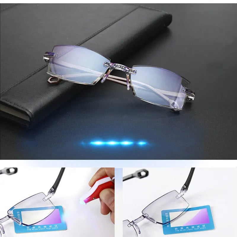 2 Pair Men Women Rimless Reading Glasses Anti Blue Light Bifocal Far Near Magnification Eyewear Presbyopic Glasses +150 +200
