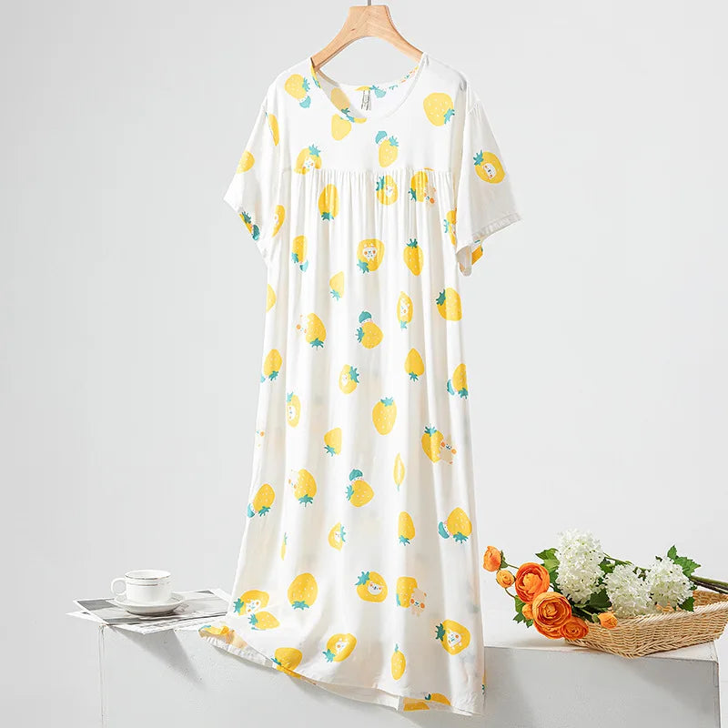 Summer Women Nightgown Short Sleeve Round Neck