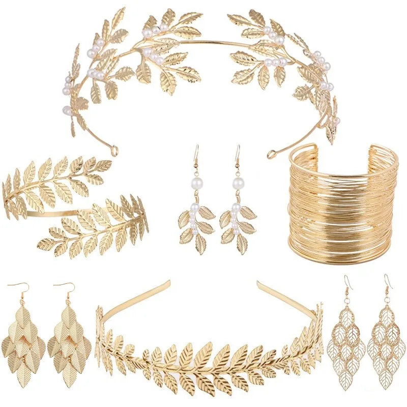 European and American new fashion personality golden leaf pearl headband bridal crown baroque party headgear