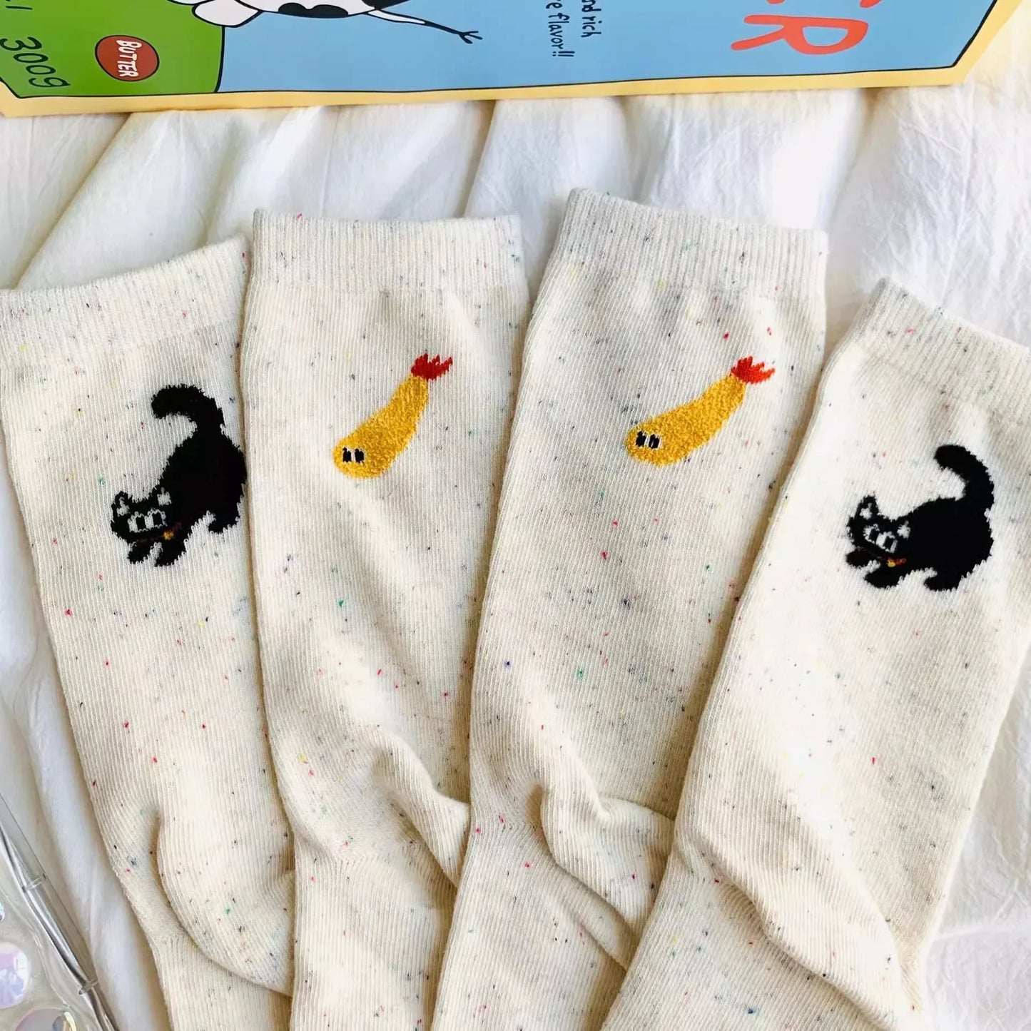 1/2pairs Cartoon Cat Fish Pattern Middle Tube Socks Soft Thermal Warm Crew Sock