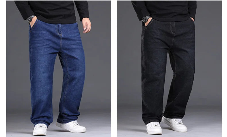 34-50 Sizes Men's Stretch Jeans Straight Leg Denim Pants Extended Sizing Blue/Black Streetwear Relaxed Fit for Work & Casual