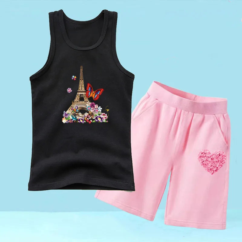 Summer Girls 2PCS Vest Set Perfume Bottle Print Sleeveless Top and Shorts