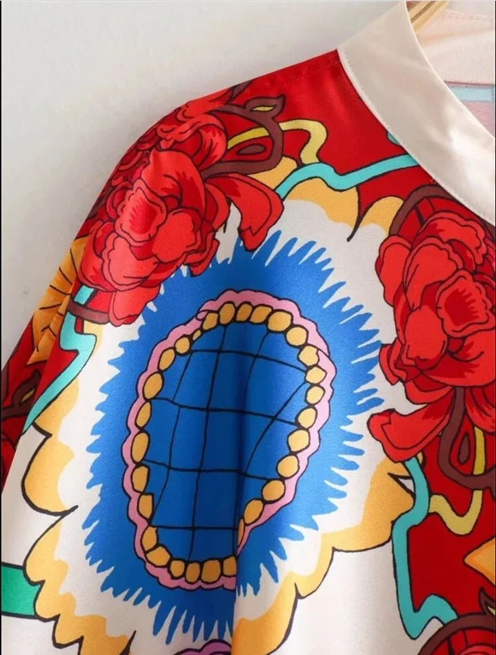 Spring Stylish Women Sleeves Flower Print Stand Collar Blouse