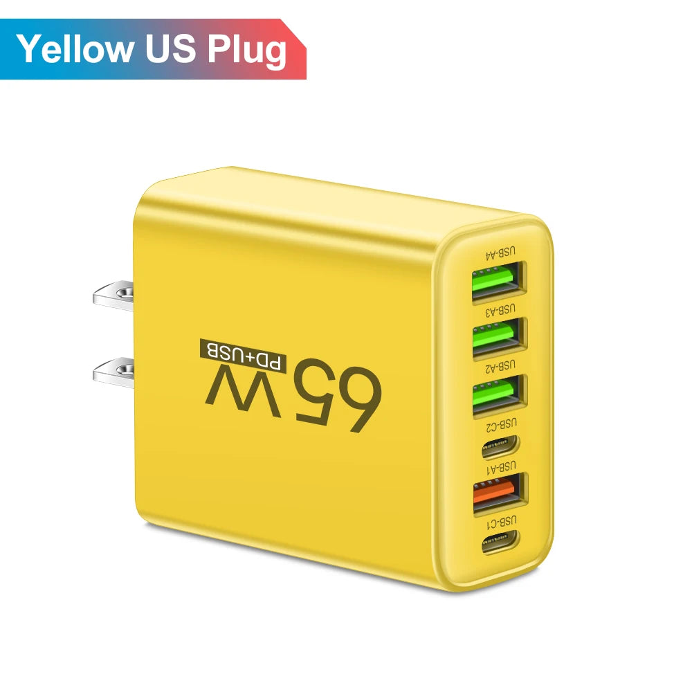 65W 6 in 1 4 USB 2 Type C Quick Charging Fast Wall Charger For iPhone Samsung Xiaomi Huawei Oppo Mobile Phone Adapter
